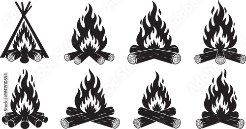 Camping fire icons and tent on white background