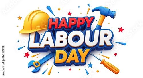 Vibrant labour day graphic with tools and celebratory elements