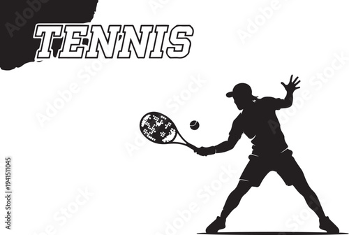 Professional Tennis Player Silhouette Vector Art; Dynamic Athlete Striking Ball with Racket, Minimalist Black and White Graphic Illustration for Sports Branding, Tournament Posters, and Logo Design.