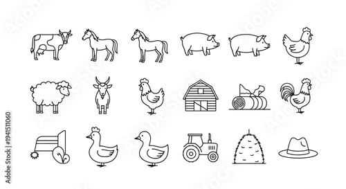 Farm animals and equipment in simple line art style