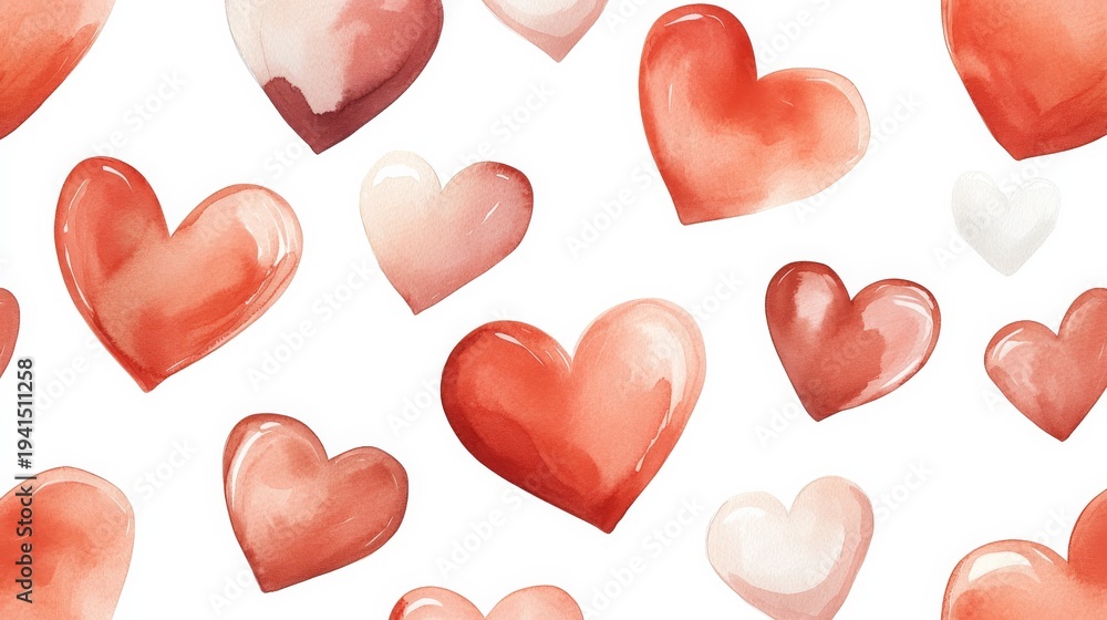 Fototapeta premium seamless watercolor pattern of large and small hearts, painted in soft tones of fuchsia, red, pink, with watercolor texture, white background