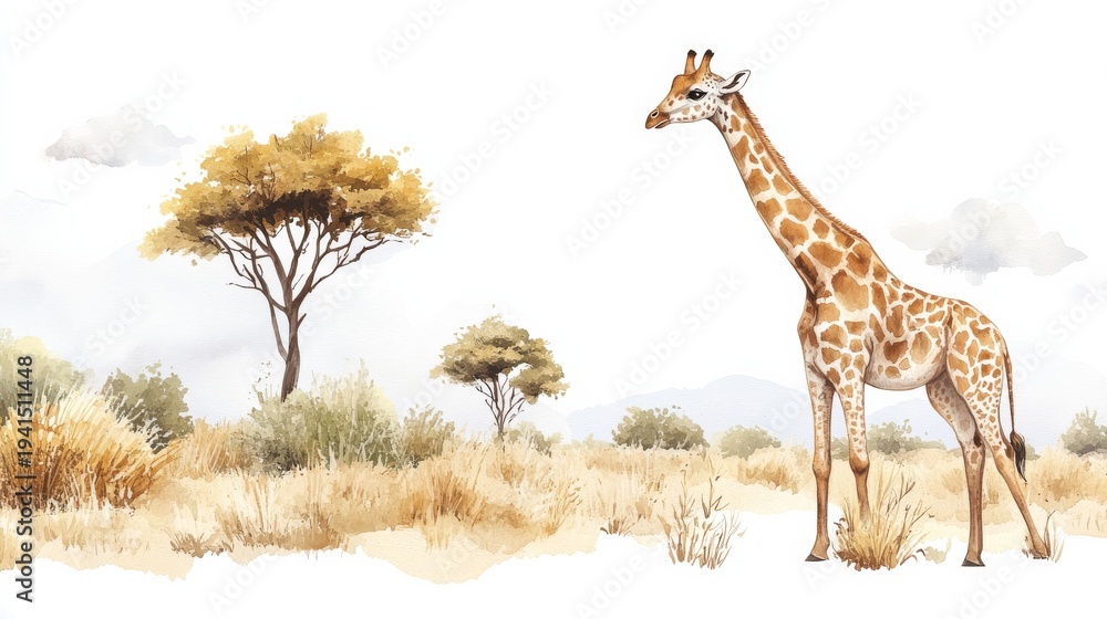 Obraz premium watercolor illustration of a cute giraffe with brown and yellow spots, standing gracefully in a serene savanna landscape, with soft pastel clouds 