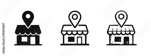 Shopfront Location Pin Icon Set - Retail Business and Shopping Map Symbol