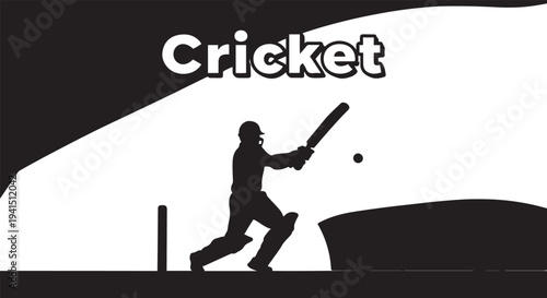Cricket Player Batsman Silhouette in Action on Stadium Pitch Background, Professional Sports Vector Art Illustration for Competition Tournament, Match Championship, and Athletic Design Elements.
