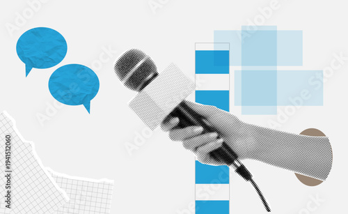 Halftone Microphone in hand with Speech Bubbles and blue rectangle Conceptual Collage Representing Journalism, Media Communication, Interview Dialogue, and Data Presentation in Retro Pop-Art Style