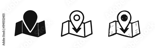 Map with Location Pin Icon Set - Navigation, Travel, and Direction Symbol