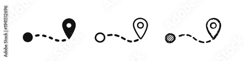 GPS Route Navigation Path Icons Set - Location Map Pin and Journey Tracker Symbols in Solid, Line, and Doodle Style