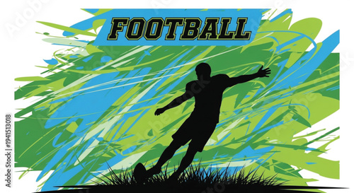 American Football Kicker Player Silhouette with Dynamic Abstract Blue and Green Brush Stroke Background, Sport Athlete Action Poster Graphic Element, EPS Vector Illustration for Game Promotion.