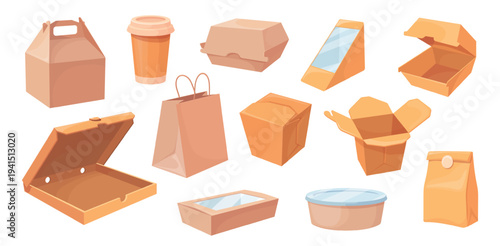 Delivery cardboard bags. Takeaway food box, paper bag burger sandwich snack plastic craft package coffee cup pizza takeout lunch boxes containers cartoon neat vector illustration
