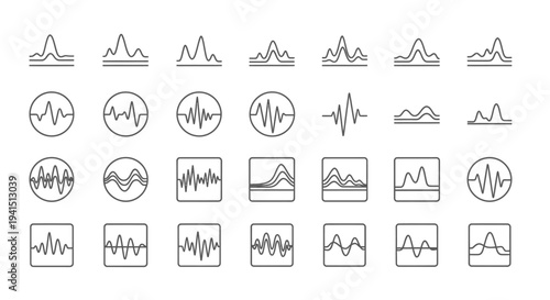 Collection of Various Sound Wave and Audio Spectrum Line Icons, Isolated White Background