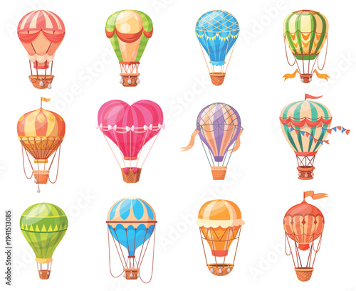 Cartoon hot air balloons. Colorful aerostat with basket, balloon vintage flight travel retro fly sky transport isolated airballoon cappadocia journey trip neat vector illustration