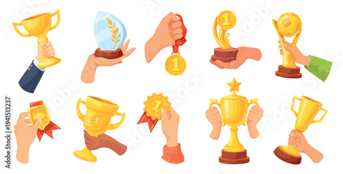 Hands hold trophy. Champion hand holding golden cup award, winner sport medal first place celebration win badge reward competition prize triumph goblet, neat vector illustration