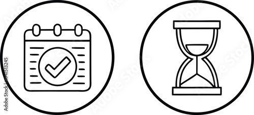 Business Scheduling Icon Set with Calendar Checkmark and Hourglass for Deadline Management and Productivity Planning