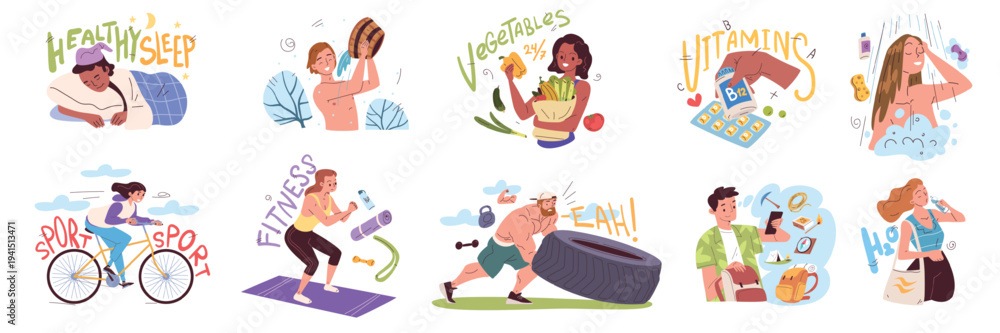 Obraz premium People healthy lifestyle. Health habits daily routine, mental wellness morning sport exercise drink water sleep food nutrition hygiene man woman schedule classy vector illustration