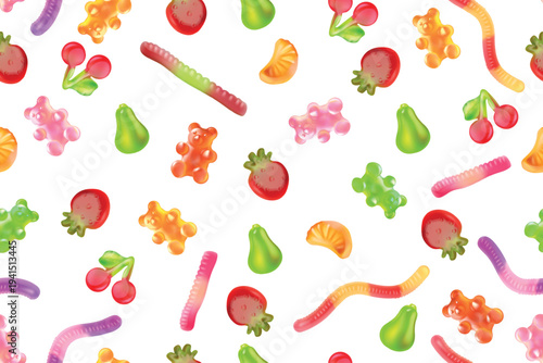 Jelly candy pattern. Realistic gummy candies seamless background, fruit sweet chewy marmalade cherry strawberry bear worms shape 3d sugar dessert snack exact vector illustration