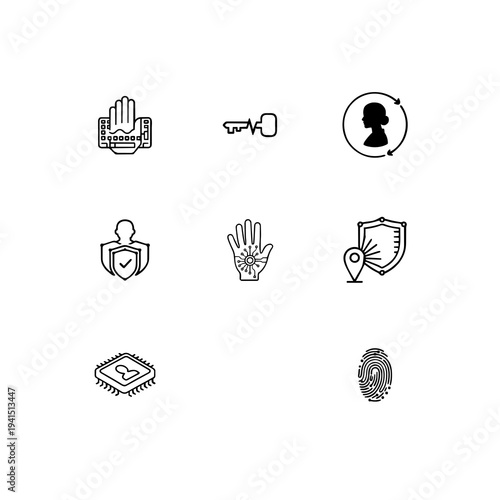 Identity-first security and passwordless authentication linear icon set, behavioral biometrics, passkeys and continuous verification vector symbols