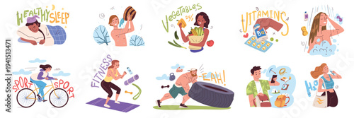 People healthy lifestyle. Health habits daily routine, mental wellness morning sport exercise drink water sleep food nutrition hygiene man woman schedule classy vector illustration