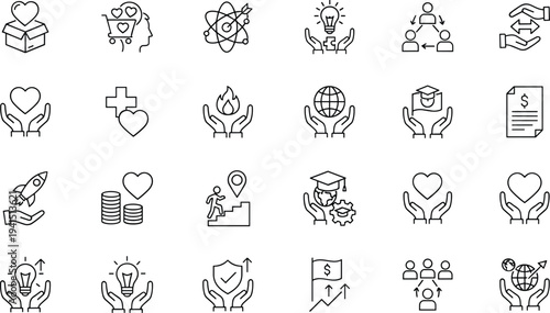 Comprehensive minimalist vector icon set for charity global support education business growth and community social responsibility concepts.