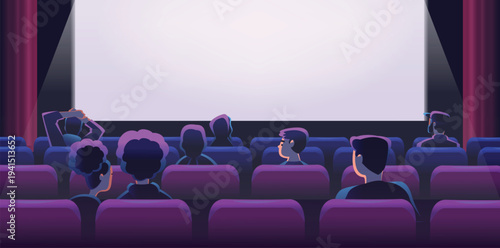 People cinema hall. Movie theater audience watching film, people crowd back rear view sitting on seats chairs row watch screen projector theatre stage classy vector illustration