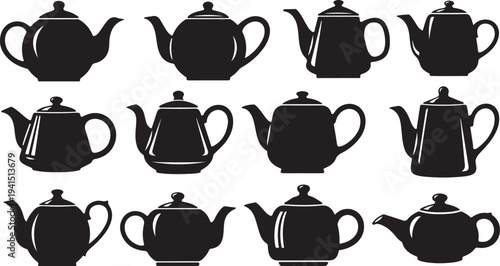Collection of various teapot silhouettes on white background