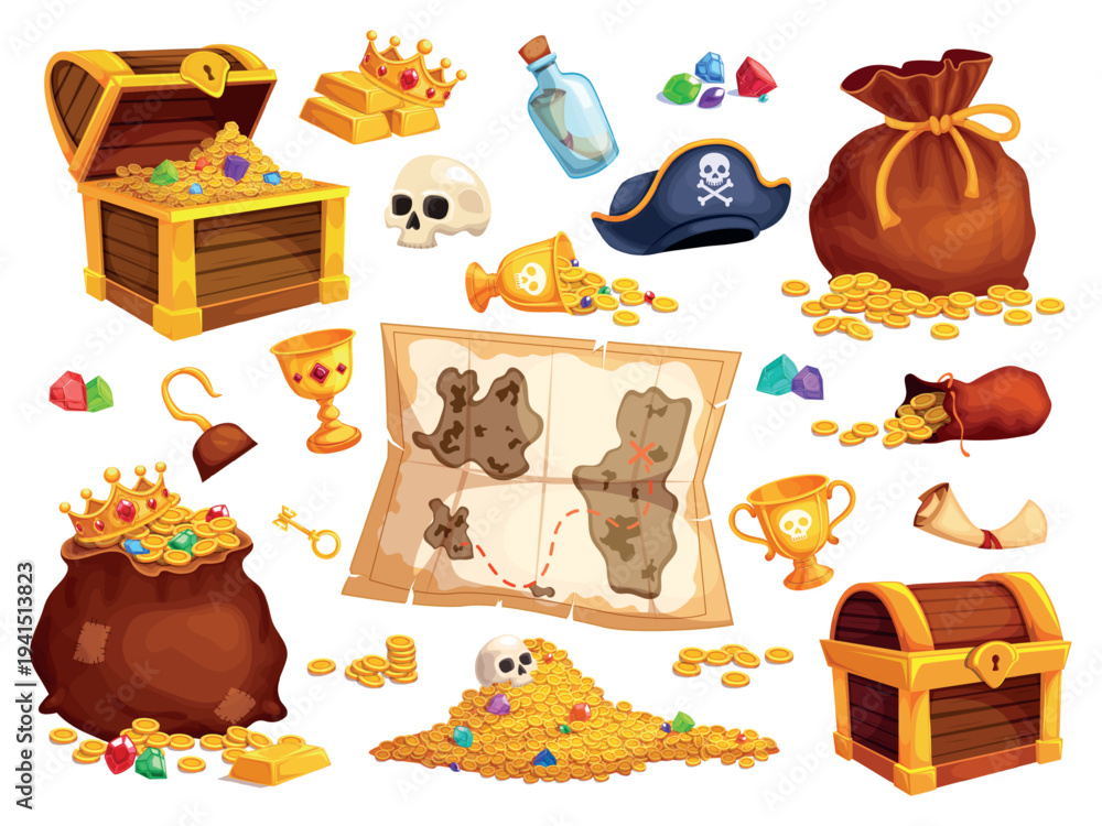 Fototapeta premium Pirate treasure set. Treasures chest, wooden box full gold coins piles jewelry medieval golden money bags old treasury pile find game map open chests ingenious vector illustration