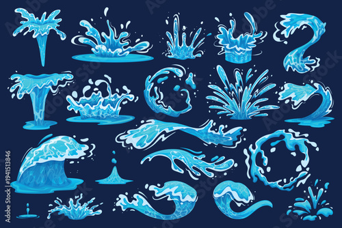 Cartoon water splashes. Wave splash liquid drop sea droplet blue fluid drip spray ocean foam fountain flow effect abstract flowing rain splatter shape ingenious vector illustration