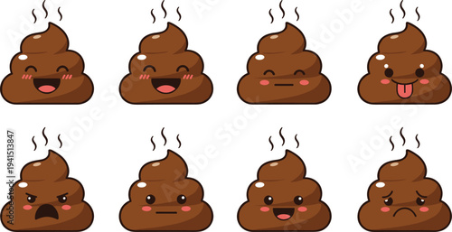 Cute poop emoji faces set cartoon smiling angry sad funny poo characters kawaii sticker icons collection vector illustration