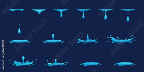 Dripping water animation. Liquid drip drop sprite sheet, rain droplet splash 2d game aqua fx waterfall effect ripple flow fall drops movement cartoon ingenious vector illustration