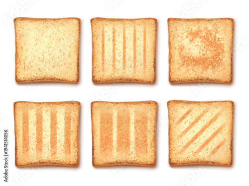 Realistic bread toasts. 3d toast slices top view, square different degree grilled toaster crispy sandwich bread bakery wheat grain crust crunchy isolated garish vector illustration