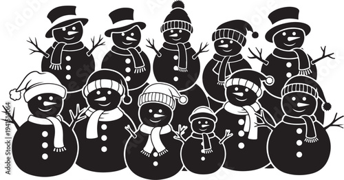 A group of happy snowmen in black and white