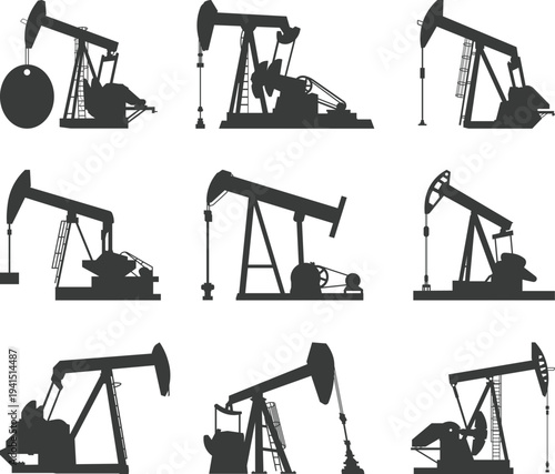 Oil Pump Jack Set Silhouette, Different Positions Working Oil Jack Pumps svg Isolated, Black and White Vector Illustration