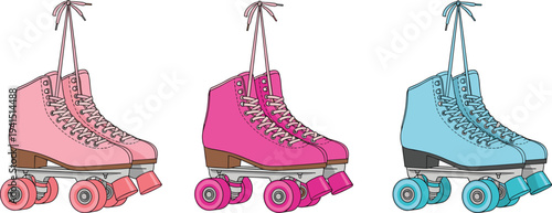 Retro roller skates colorful set vintage quad skating boots sport recreation equipment vector illustration collection isolated design