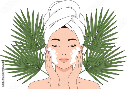 Woman skincare routine illustration with facial cleanser foam, beauty spa treatment concept, natural cosmetic self care wellness vector