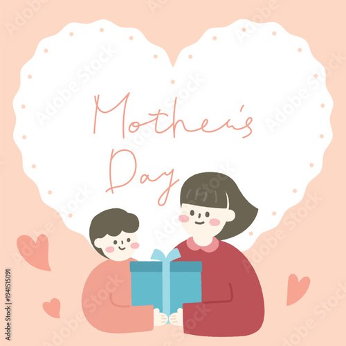 Mother's day template with mother, child and gift illustration.