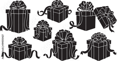 Black and white illustration of wrapped gift boxes variety