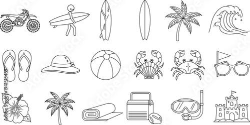 Collection of beach and summer vacation icons featuring palm trees surfboards sandcastles crabs and ocean waves for tropical seasonal designs,