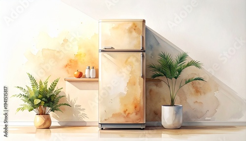 Artistic Watercolor Painting of a Modern Fridge and Potted Plants Representing Minimalist Lifestyle and Home Decor