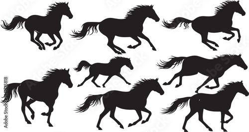 Collection of running horse silhouettes in various dynamic poses