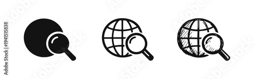 Global search and discovery icon set with magnifying glass over globe.