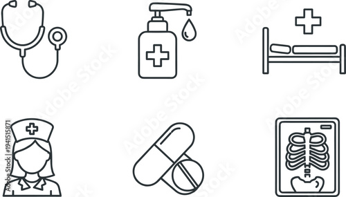 Healthcare and Medical Line Icon Set Featuring Stethoscope, Sanitizer, Hospital Bed, Nurse, Medicine Pills, and X Ray Illustration