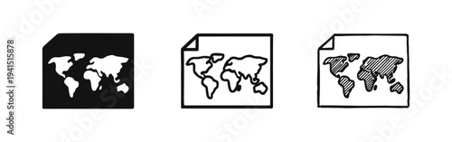 World map document icon set for global reports and geographical data.
