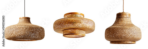 Set of Eco friendly rattan pendant lamp shade hanging on transparent png background. Ai generated