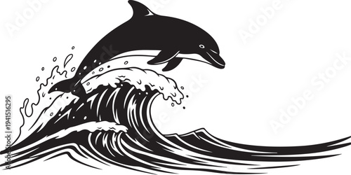 Dolphin jumping out of ocean wave in black silhouette
