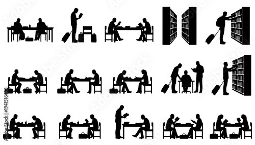 Black and white vector illustration set of people studying, reading books and working in a library environment. Silhouette icon collection ideal for education platforms, academic research concepts