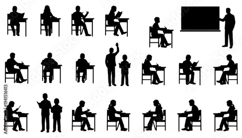 Black and white vector illustration set of students studying, writing exams and teachers explaining lessons in a classroom environment. Silhouette icon collection ideal for education concepts, school 