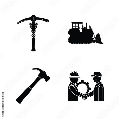 Construction and mining icons set with workers shaking hands