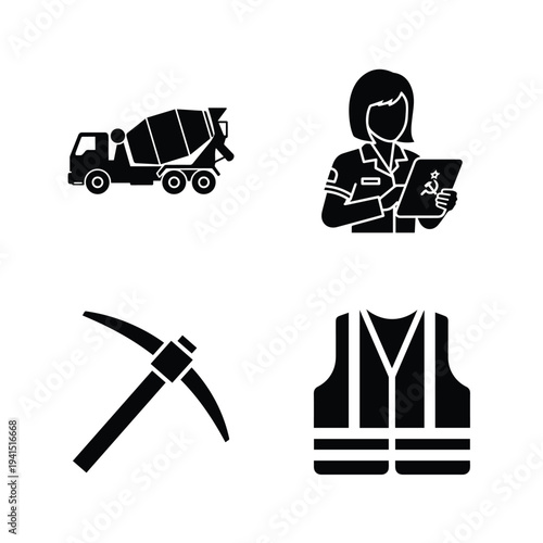 Construction worker icons set with woman and equipment