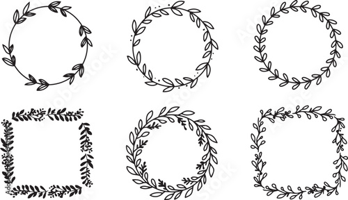 A collection of six elegant hand-drawn floral wreaths and square borders in black ink, perfect for wedding invitations, logos, and minimalist branding designs