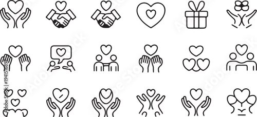 Charity Human Care Outline Icons Pack Volunteering Support Donation And Friendly Handshake Thin Line Vector Set For Web Infographic Projects