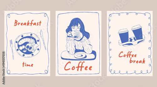 Morning breakfast posters set with hand drawn illustrations. Mediterranean blue line art collection with girl drinking coffee, text. Vector wall art La Dolce Vita print template for cafe, restaurants